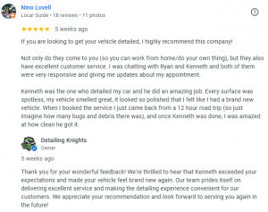 Google review testimonial for Detailing Knights